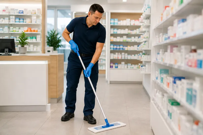 Apothekenreinigung Dortmund – Mitarbeiter der Rainer Müller Gebäudereinigung GmbH wischt den Boden im Verkaufsraum
