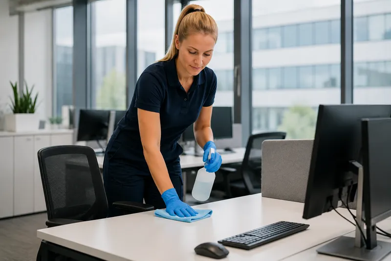 Büroreinigung Dortmund – Mitarbeiterin der Rainer Müller Gebäudereinigung GmbH reinigt Schreibtische in einem Großraumbüro