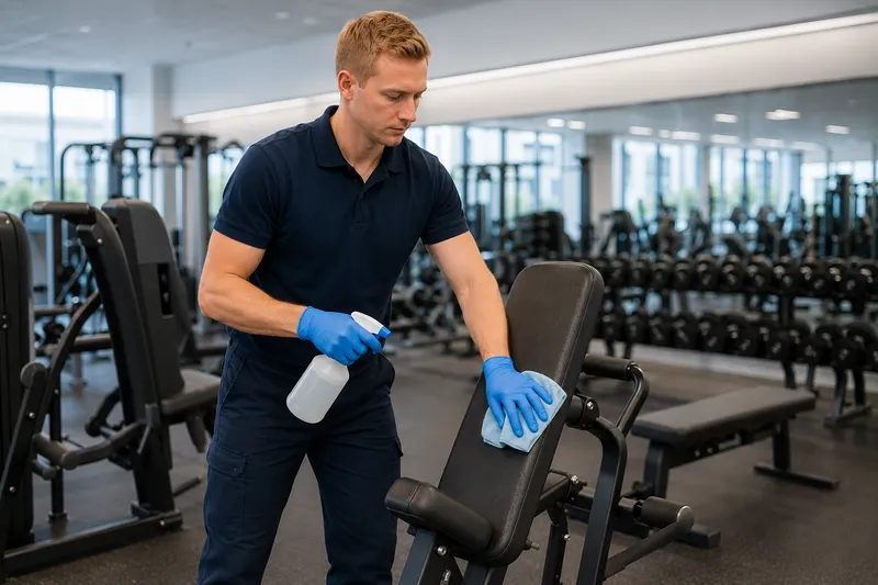 Fitnessstudio-Reinigung Dortmund – Mitarbeiter der Rainer Müller Gebäudereinigung GmbH desinfiziert Trainingsgeräte
