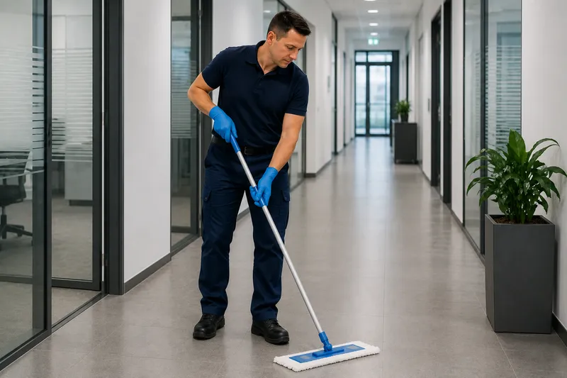 Unterhaltsreinigung Dortmund – Mitarbeiter der Rainer Müller Gebäudereinigung GmbH wischt den Boden eines Bürokorridors